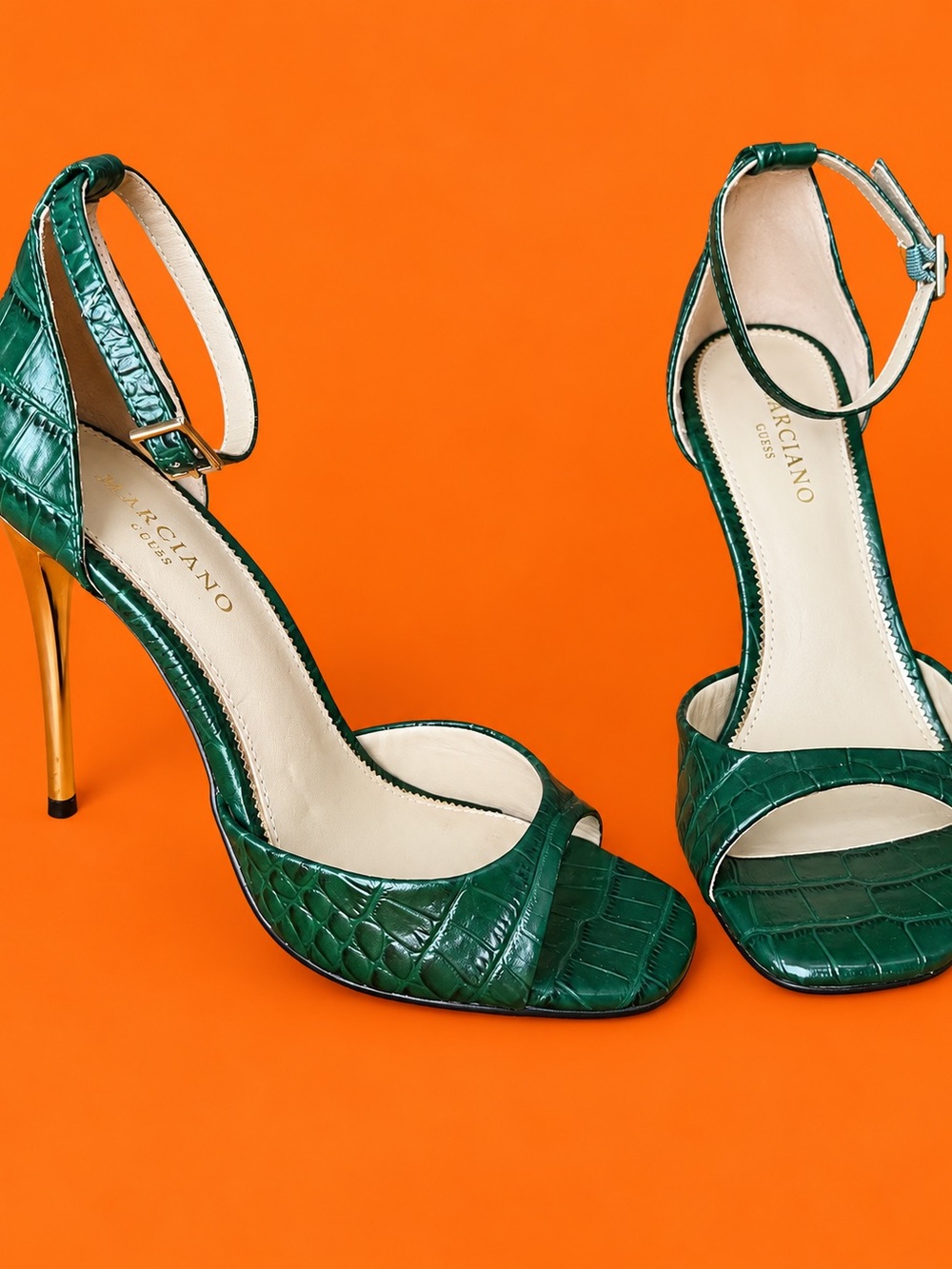 Marciano Green Croc-Embossed Ankle-Strap Stiletto with Gold Heel